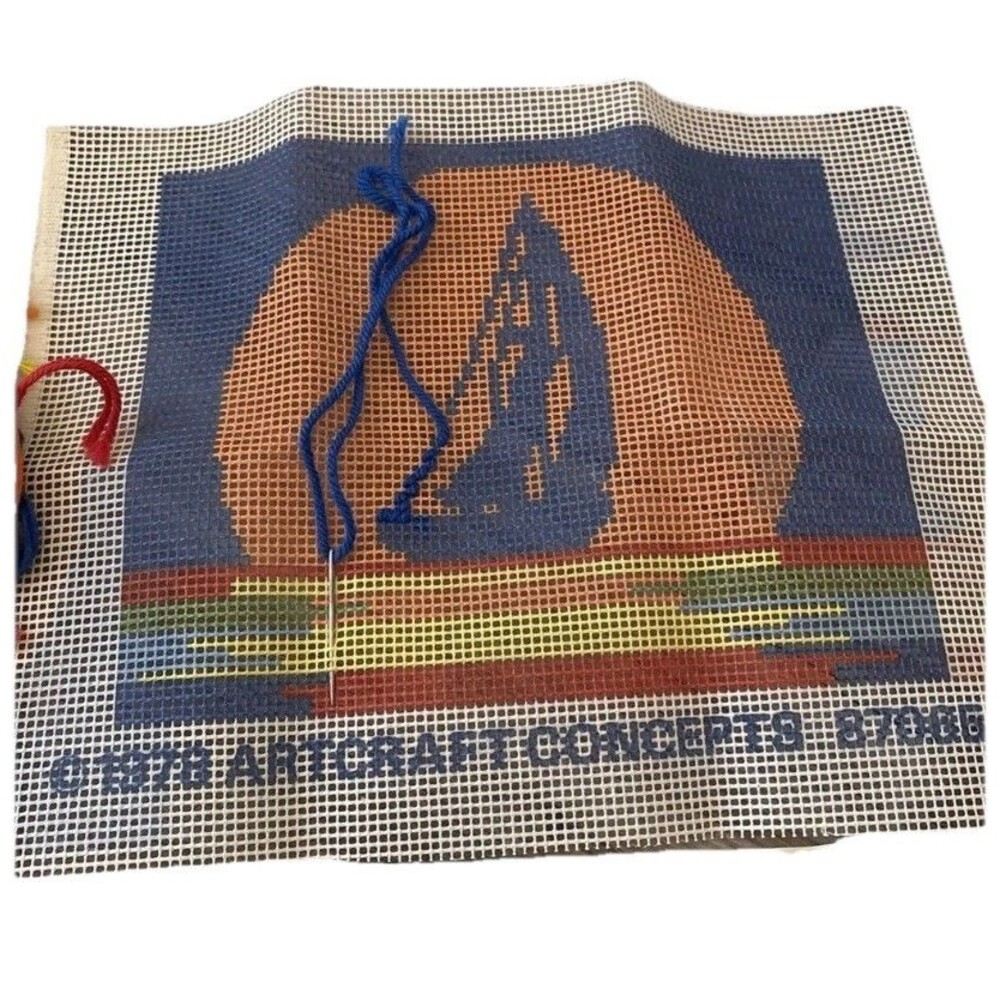 Vintage 1970's Artcraft Concepts Sunset Boat Cross Stitch Kit Started 18" x 14"